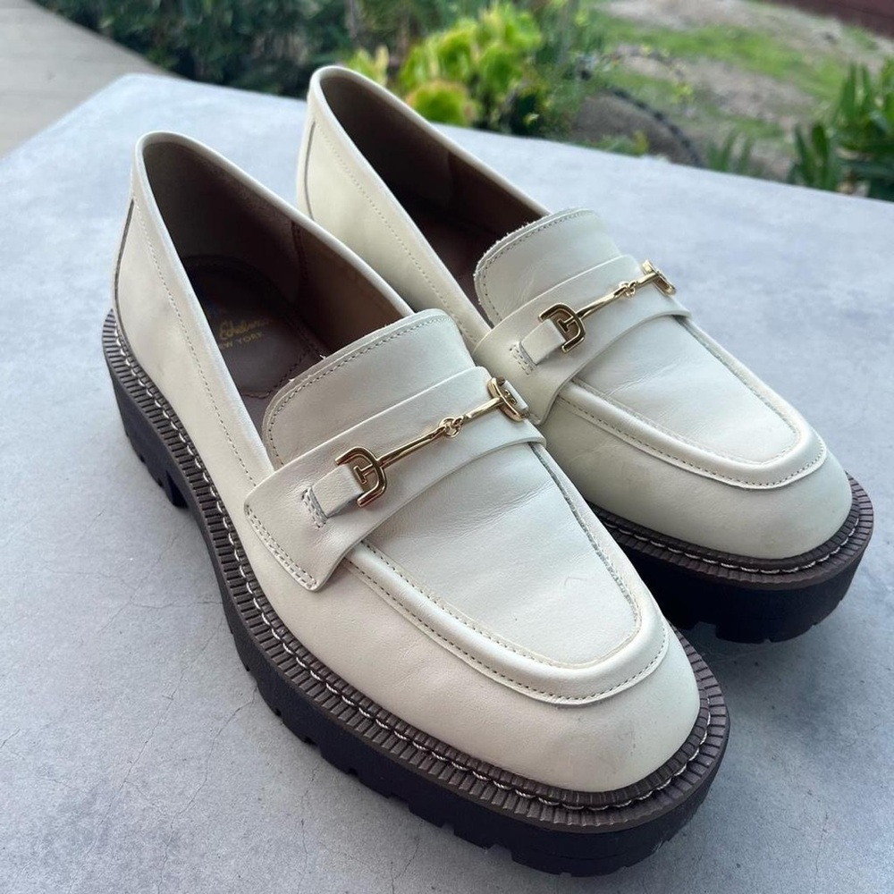 cream and brown leather loafers with gold hardware by sam edelman